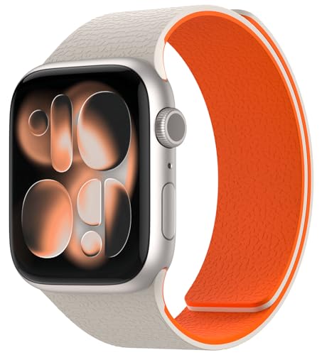 Nereides コンパチブル Apple Watch用磁吸スポーツバンド シリコン 防水 通気性 柔軟 快適装着 for Apple watch SE3/SE2/SE & series 11/10/9/8/7/6/5/4 42mm/41mm/40mm/38mm スポーツ おしゃれ メンズ レディース 星光＋オレンジ