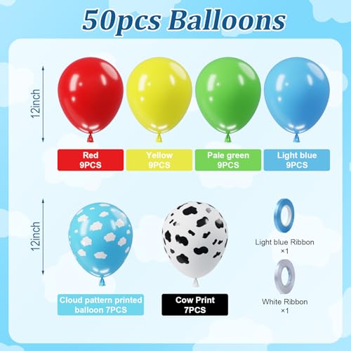Image of Toy Inspired Story Balloons - 52pcs 12 Inch Red Blue Yellow Green Light Blue Cloud Cow Print Latex Balloons for Kids Boys Girls Inspired Birthday Story Football Farm Themed Party Decorations