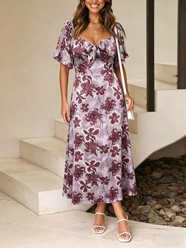Image of Fashionme Womens Dresses 2026 Maxi Dresses Deep V Neck Elegant Bow Tie Front Cap Sleeve Summer Floral Satin Smocked Dress