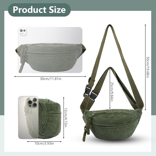 Cord Bauchtasche für Damen Herren, Modische Umhängetasche Crossbody Bag,Praktische Brusttasche Gürteltasche für Alltagsleben, Sport, Reisen, Laufen, Schule (Grün)