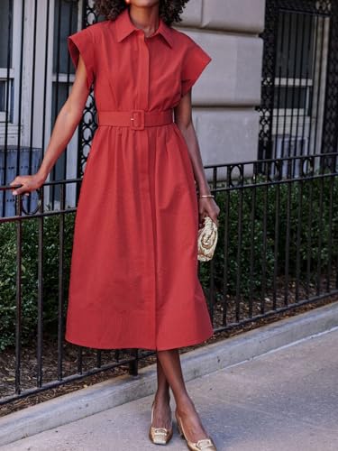 Jenkoon Women's Turn Down Collar Shirt Dress with Belt Short Sleeve Shell Trench Coat Formal Dresses4