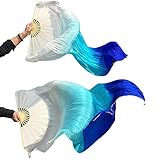 100% Real Silk Chinese Belly Dance Fan Veil Hand Made White Turquoise Blue 3 Sizes (1.2m)