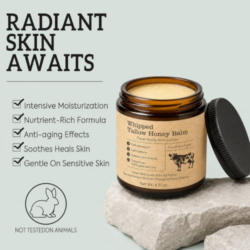Image of Beef Tallow for Skin: Organic Grass-Fed Tallow Face Cream with Manuka Honey, Olive Oil, Jojoba Oil & Vitamin E, Non-Greasy Face and Body Moisturizer, 4 oz