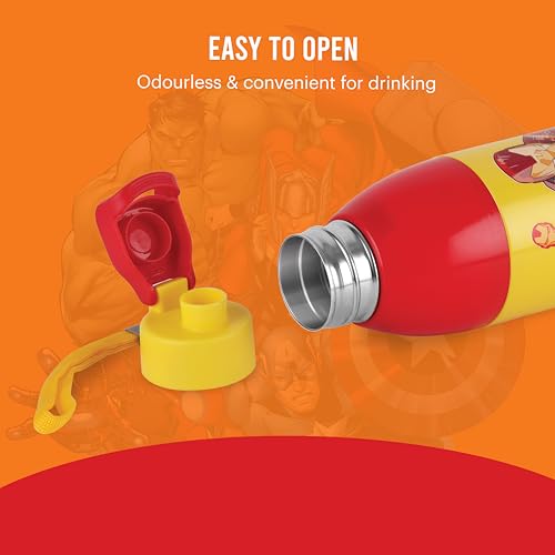 Image of CELLO Kidzbee Uranus 900 Insulated Kids Water Bottle 680 ml, Yellow | 3D Touch & Feel Iron Man Design Easy One Hand Grip Lightweight Leakproof Easy Sip Flip Cap Insulated Water Bottle For School Kids