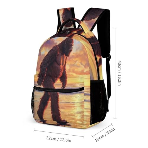 Bigfoot Walking in Beach Sunset Funny Backpack Sets Lightweight 3Pcs Daypack Set with Lunch Box And Pencil Case for Women Men2