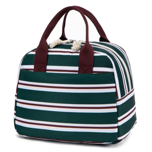 Image of LOVELYWIND Lunch Box for Women, Insulated Lunch Bag, Green Striped Tote