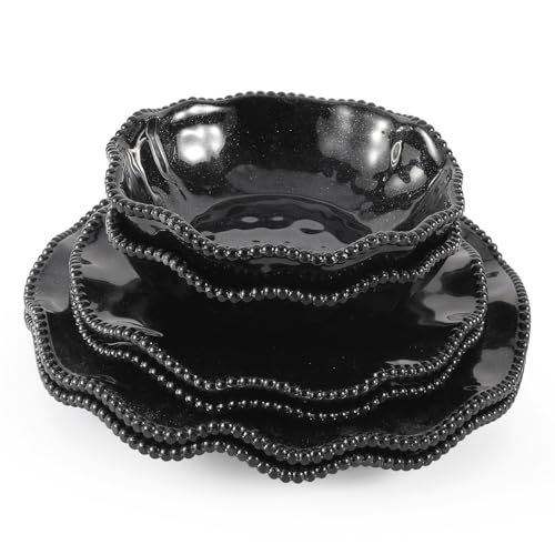 Image of ADSAURMELA 6-Piece Black Melamine Dinnerware Set Service for 2, Scalloped Plates with Beaded Edge & Silver Glitter, Heavy Duty, Shatterproof, Luxury Charger Plates for Halloween Wedding Gala Outdoor