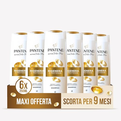 Pantene Pro-V Shampoo Rigenera E Protegge per Capelli Deboli, Secchi, Danneggiati, Deterge e Protegge i Legami del Capello, Senza Siliconi, Olio Minerale e Coloranti, Maxi Formato 6 x 250 ml