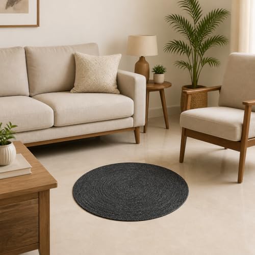 Image of Handmade Cotton Braided 2x2 feet Doormat Rug - Washable, Low Pile Reversible Floor Mat for Bedroom, Kitchen, Entryway & Living Room - Eco-Friendly Woven Carpet - (Charcoal, Round)