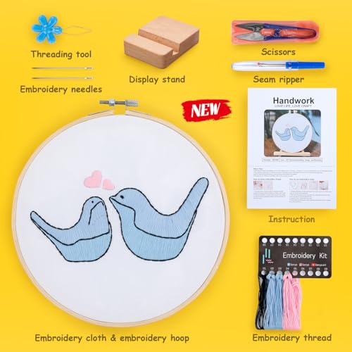 Image of Embroidery Kit for Adult Beginners, Small Birds Embroidery Kit with Step-by-Step Instructions and Video, Printed Cloth, 7.87 inch Hoop, Display Stand, Color Threads and Tools for Craft Lover(BED005)