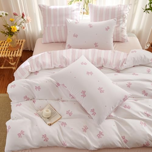 Image of Bow Duvet Cover King Size White Pink Bows Striped Reversible Bedding Set Kids Girls Bowknot Stripes Soft Breathable Microfiber Comforter Cover Set with Zipper Closure and 2 Pillowcases
