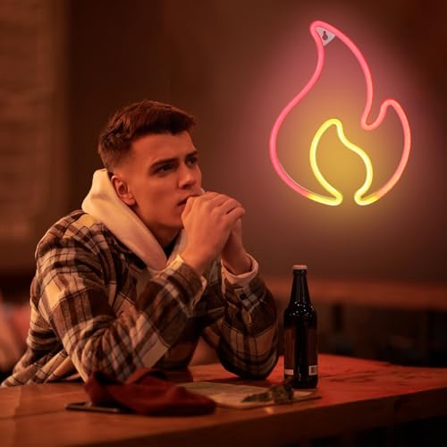 Image of Flame Neon Sign Flame Led Light Sign for Wall Decor Hanging Flame Shaped Light USB or Battery Powered Fire Neon Sign for Kids Boys Room Party Bar Birthday