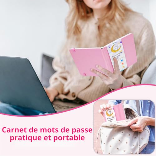 Livre de Mots de Passe avec Onglets Alphabétiques, 11,5 x 15,5 CM Livre de Mots de Passe pour les Seniors, Petit Carnet de Mots de Passe Internet pour la Connexion au Site Web,Rester Organisé - Rose – vue 6