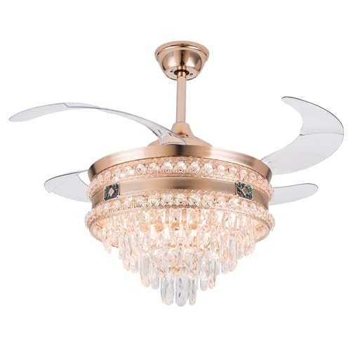 ZealEco - Ventilador de techo de cristal de lujo con 6 velocidades de viento, luces LED, temporizador ajustable, acabado dorado, perfecto para decoración interior y confort