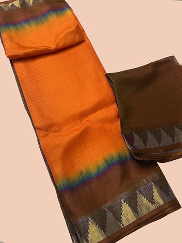 Image of Women's Bhagalpuri Pure Kota Doria Silk Net Saree With Temple Zari Border and Running Blouse Piece