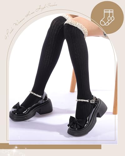 Image of Syhood Cotton Women thigh high socks with Lace Trim over the knee High Socks Boutique Lace Tall Boot Stockings for Women