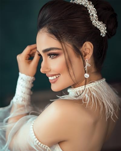 Bow Pearl Earrings for Women Crystal Bow Earrings 14K Gold Bowknot Dangle Drop Earring Dainty Statement Pearl Earring Jewelry Gifts2