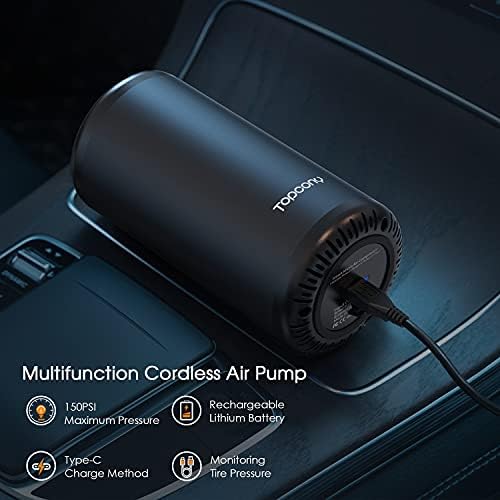 Topcony 150 PSI Mini Rechargeable Cordless Tyre Inflator, 2 * 2600mAh Portable Air Compressor Battery LED Lights LCD Touch Display Handheld Bike Pump for Car, Motorcycle, Ball and Other Inflatables