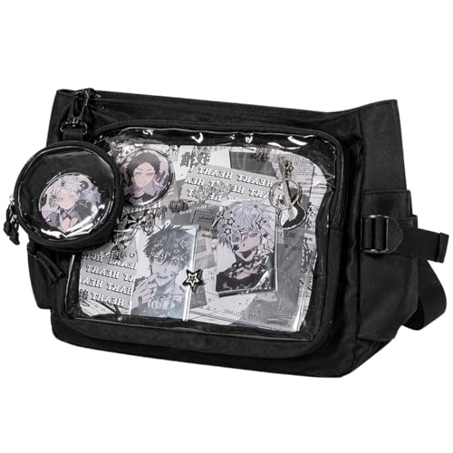 Inshere Ita Crossbody Bag Nylon Messenger Bag with Clear Display Window and Detachable Pin Display Bag Kawaii Shoulder Purse with Multiple Pockets Black