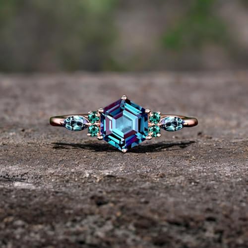 Hexagon Cut Alexandrite Ring – Vintage Rose Gold Dainty Engagement Ring for Women – Marquise & Emerald Cut Gemstone Ring – Unique Promise Ring Gift2