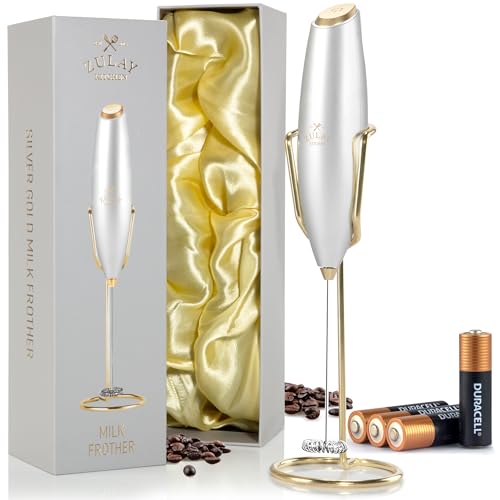 Image of Zulay Kitchen Powerful Milk Frother Wand With Duracell Batteries - Ultra Fast Handheld Drink Mixer - Electric Whisk Foam Maker for Coffee, Lattes, Cappuccino & Matcha - Z1 Motor - Exec Silver Gold