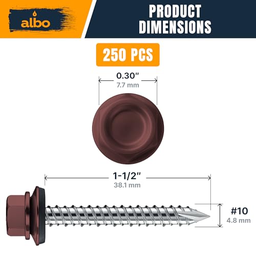 Image of ALBO 250 Pcs #10 x 1-1 /2 inch Brown Metal Roofing Screws, EPDM Washers