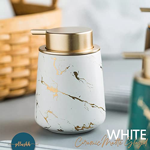 Image of Luxury Ceramic Soap Dispenser (Luxe White) - 400ml Wide Modern Refillable Lotion Shampoo Handwash Bottle Matte White with Gold Marbling Premium Countertop Accessory for Bathroom, Kitchen & Wash Basin