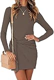 BTFBM Women Casual Crew Neck Long Sleeve Dresses Solid Color Slim Fit Tie Waist Ruched Bodycon Short...