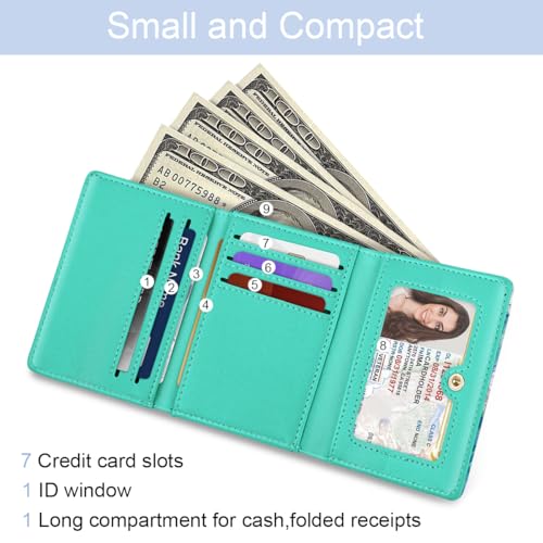 Image of Trifold Womens Wallet Small Slim RFID Blocking Card Wallet Cute Credit Card Holder Leather Mini Purse with Cash Pocket 7 Card Slots ID Window, Blue Flowers
