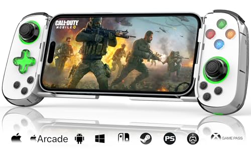 Phone Game Controller for iPhone 17/Android/PC/Switch, Play COD, Genshin,Support Streaming on PS5/Xbox/PC Console, Cloud Gaming Wireless Gamepad Joystick, Turbo/6-Axis Gyro/Dual Motor, Green Light, White