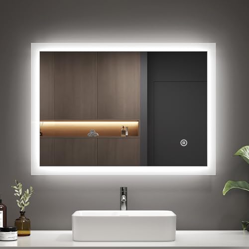 EMKE 50 x 70 cm LED Bathroom Mirror with Shaver Socket, Illuminated Bathroom Mirror with LED Lights, Anti-fog/Dimmable/Touch Switch, Smart Mirrors, IP44, Horizontal/Vertical