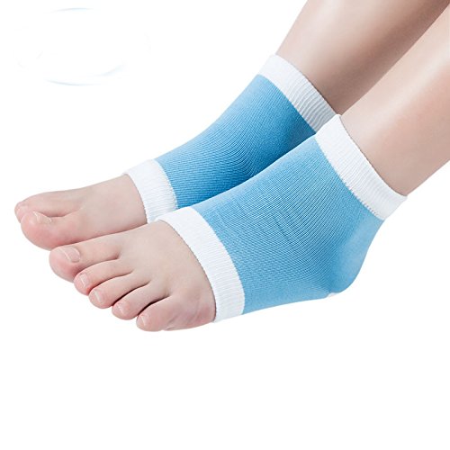 GEL Heel Socks for Dry Hard Cracked Skin Moisturizing Open Toe Comfy Recovery Socks (White-Blue)(Small)