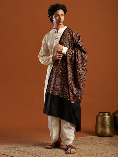 Image of tweedle Men's Pure Wool Sozni Embroidery Jama Shawl |Kashmiri Pashmina Lohi for Gents Size - 40 x 80 Inches