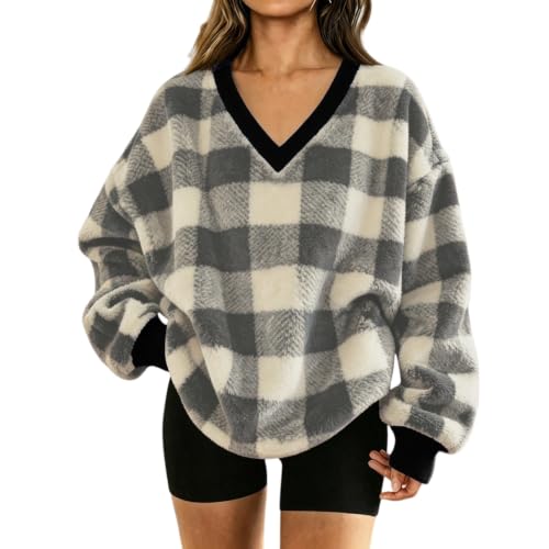 Gray Sweatshirt for Women Flannel Plaid V Neck Oversized Pullover Tops - image 1