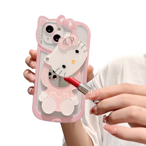 Podafu For Iphone 14 Cute Pink Kawaii Cartoon Style Soft Bumper Case With Makeup Mirror thumb #1