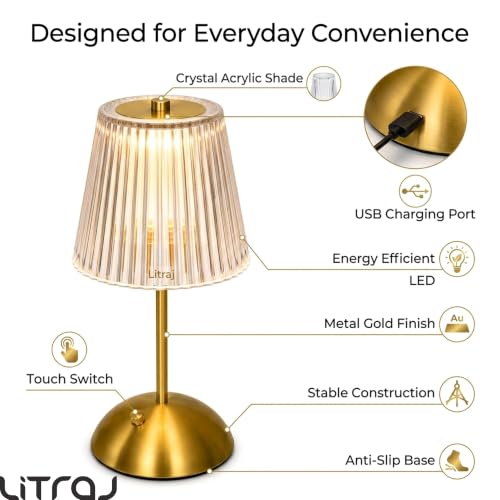 Image of Cordless LED Table Lamp with Touch Control | 3-Level Dimmable Light | Crystal Acrylic | Portable USB Charging Metal Bedside Desk Lamp for Bedroom, Living Room, Office & Home Decor (Golden)