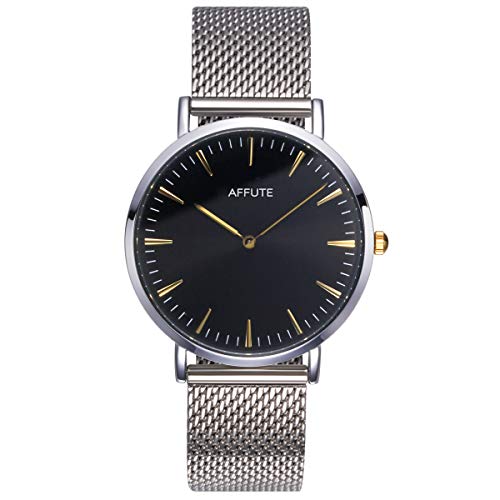 CHEETAH - Reloj de Pulsera Minimalista Ultrafino para Hombre, Malla de Plata, Acero Inoxidable, Resistente al Agua, con manecillas Doradas 