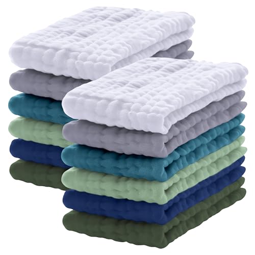 Image of Lovely Care 12 Pack Muslin Burp Cloths 100% Cotton Muslin Cloths Large 20''x10'' Extra Soft and Absorbent Baby Burping Cloth - Slate, Navy & Grey