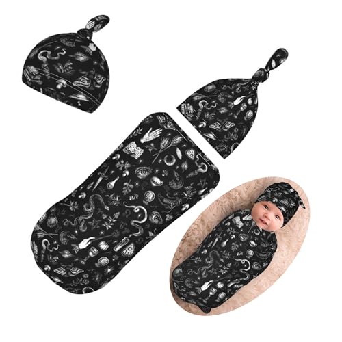 Image of Qiankang Halloween Newborn Swaddling Blanket Beanie Hat Sets Soft Baby Receiving Funny Goth Skull Blanket Soft Sleeping Bag New Born Soft Sleep Sacks for Boys Girls