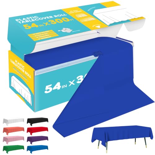 Image of Niuara Blue Plastic Table Cover Roll - 52IN x 300FT, Table Cloth for Rectangle Table with Slide Cutter, Plastic Table Cloth Disposable with Cut-to-Size Design for Weddings, Banquets, Parties