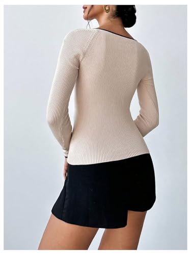 Image of Floerns Women's Contrast Binding Sweetheart Neck Knit Pullover Tops Long Sleeve Sweater Apricot Small