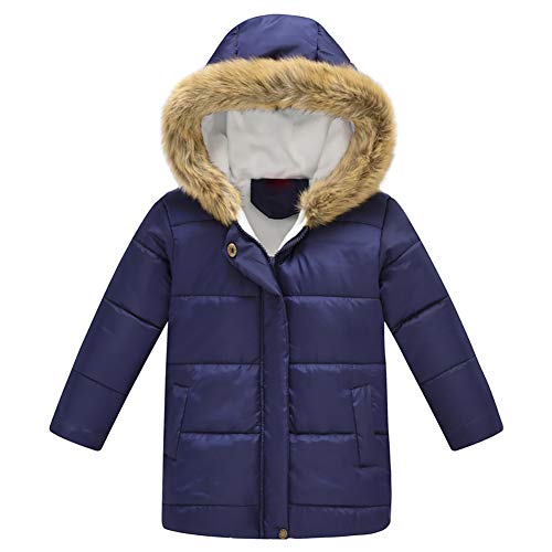 IDOPIP Toddler Kids Baby Girl Boy Floral Butterfly Print Snowsuit Winter Warm Fur Collar Hooded Down Coat Windproof Jacket Outerwear Clothes Navy Blue Solid 2-3 Years