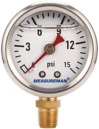 MEASUREMAN 1.5" dial, 1/8"NPT Lower Mount, Stainless Steel case, Brass Inside, Glycerin Filled, 0-15psi White dial
