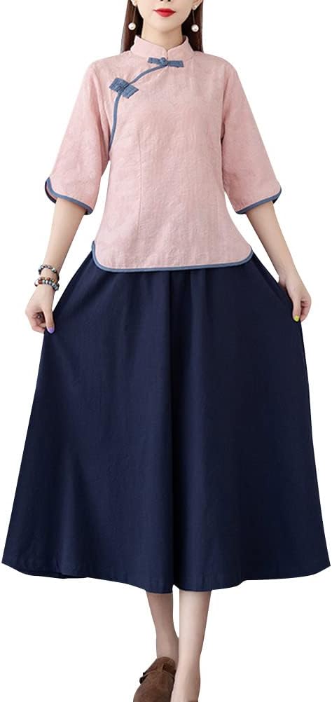 Women's Tang Dress Outfit Mandarin Collar Qipao Top Tea Length Skirt 19th Century Chinese Traditional School Girl Costume