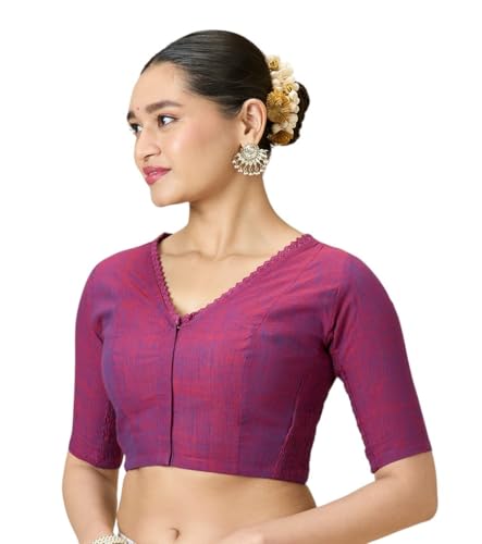 Image of Studio Shringaar Women's Handloom Cotton Side Stretchable (Smocked) Readymade Saree Blouse with Crochet Neckline