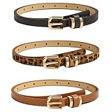 YSGUYILT 3 Pack Skinny Women Faux Leather Belt for Jeans Ladies Solid Color Thin Waist Belt Leopard Print Belt for Dresses Adjustable with Gold Buckle 0.49' Width