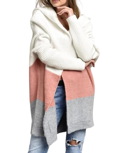 Image of Women's Oversized Hooded Cardigan Color Block Open Front Sweater Chunky Knit Long Coatigan Coat