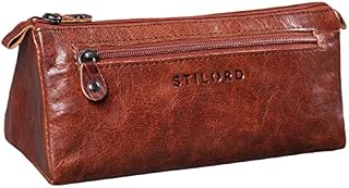 STILORD 'Alexis' Leather Pencil Pouch Vintage Pen Case Holder with Zipper for Women Men for School Office in Genuine Leather, Colour:Missouri - Brown