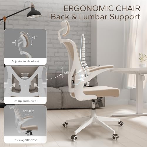 Image of Office Chair (03Khaki, Chair) | 360 Swivel Adjustable Lumbar Support & Flip-Up Armrests capacity 300 lbs capacity