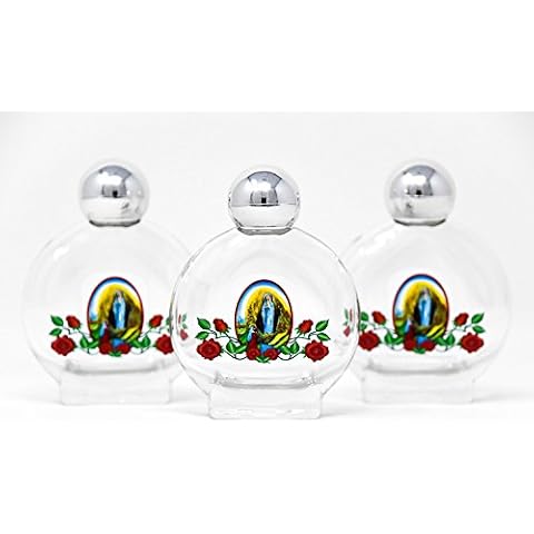 3 Colorful Glass Lourdes HOLY Water Bottles Filled with Blessed Lourdes Water with Lourdes Prayer Card. Cover